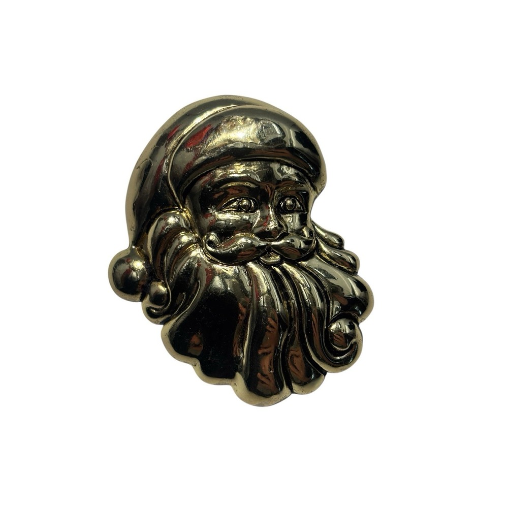 Vintage Gold Tone Holly Santa Claus Christmas Holiday Brooch Pin / pendant